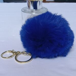 Lapis Blue Pom Pom Keychain with Gold Ring & Bag Clip